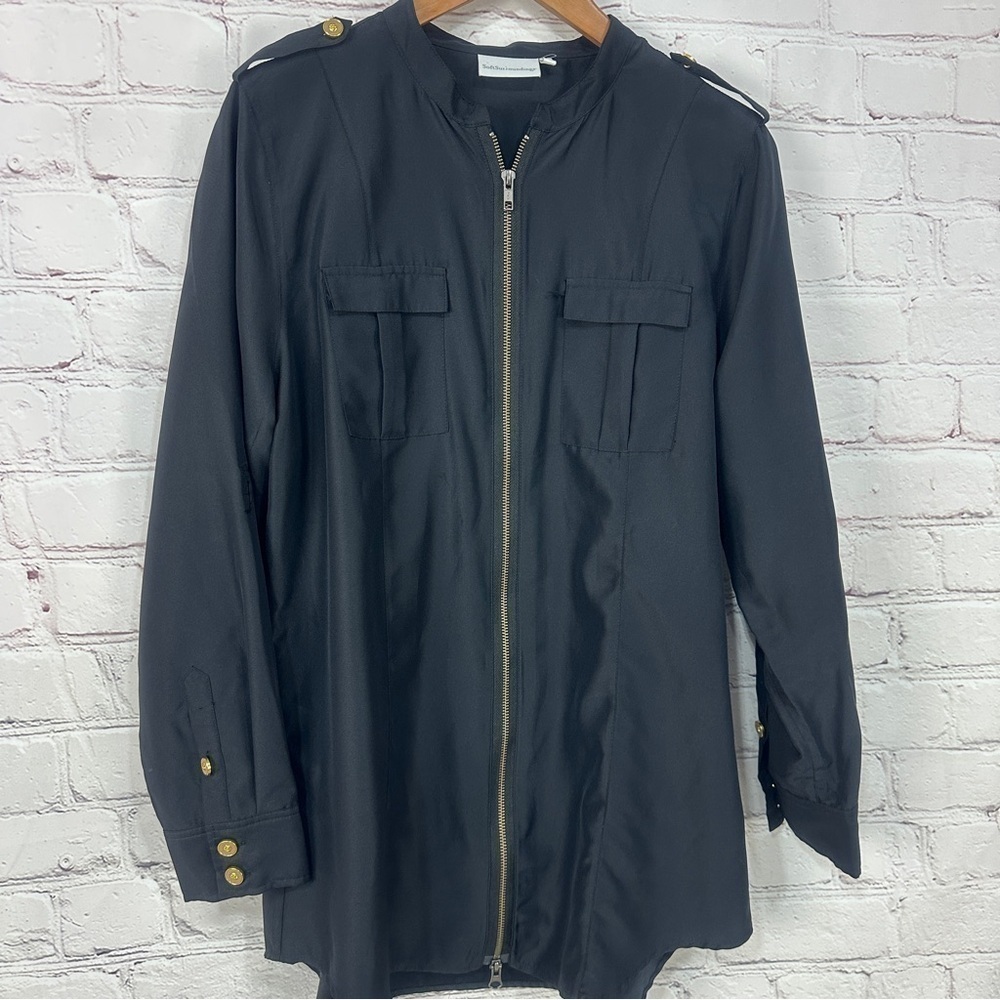Soft Surroundings black tunic shirt blouse size large long length gold zipper